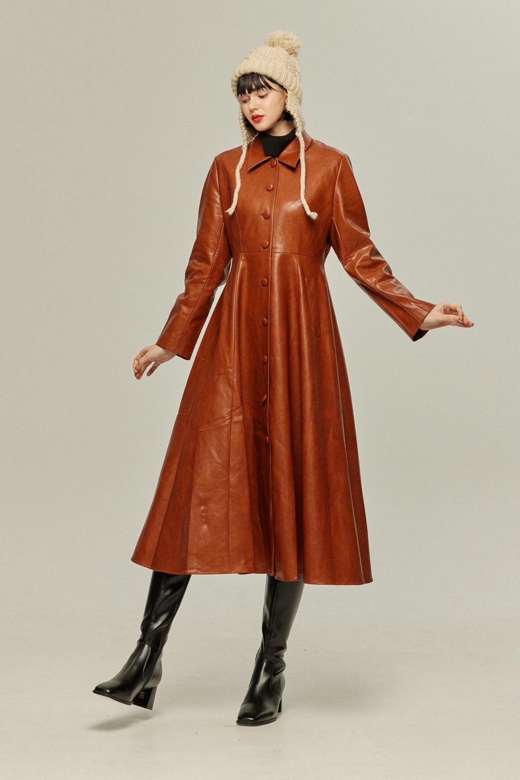 [I started seeing hallucinations] Faux leather long dress coat-Brown