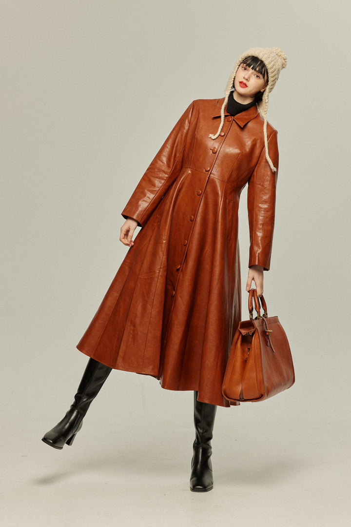 [I started seeing hallucinations] Faux leather long dress coat-Brown