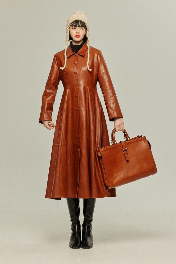 [I started seeing hallucinations] Faux leather long dress coat-Brown