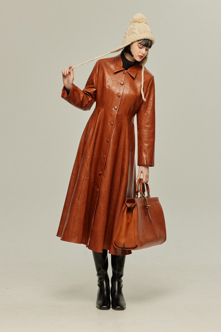 [I started seeing hallucinations] Faux leather long dress coat-Brown