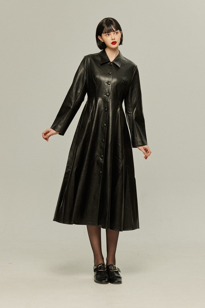 [I started seeing hallucinations] Faux leather long dress coat-Black