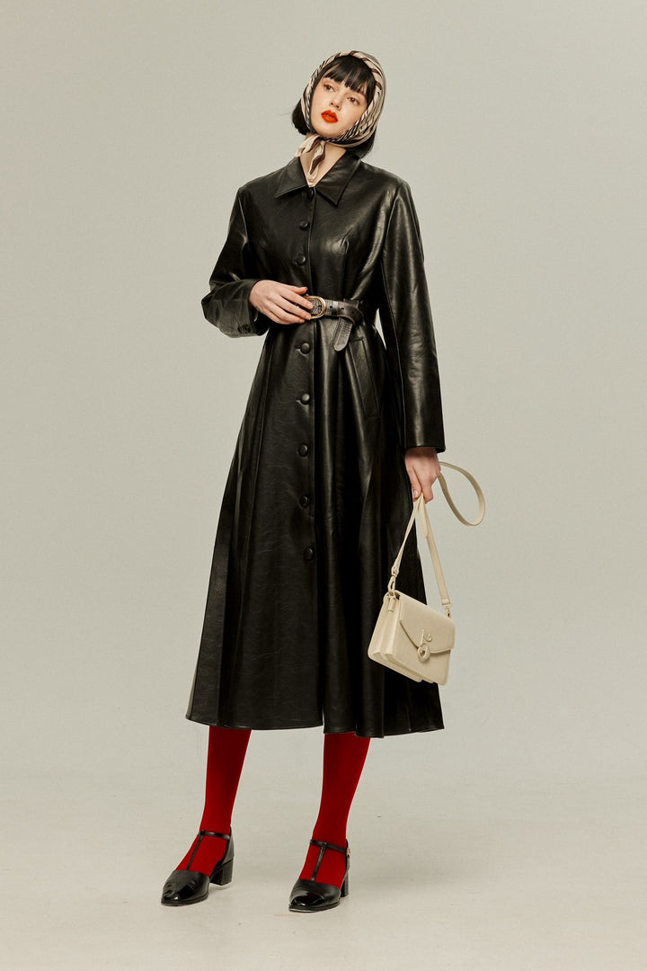 [I started seeing hallucinations] Faux leather long dress coat-Black