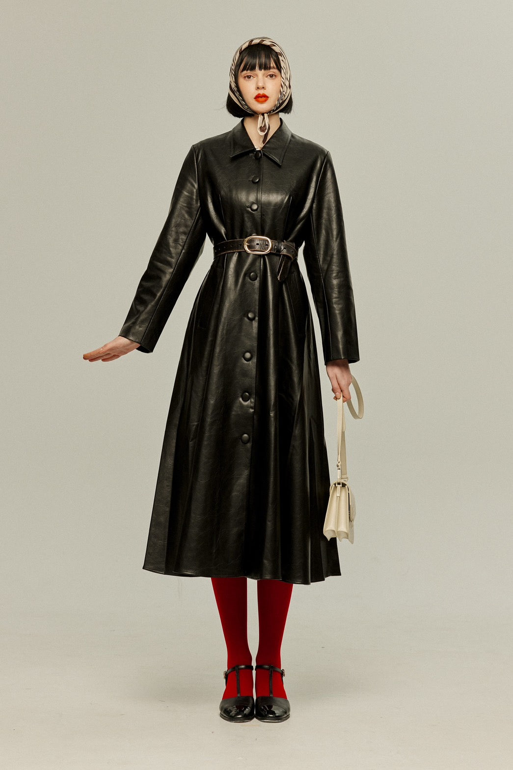[I started seeing hallucinations] Faux leather long dress coat-Black