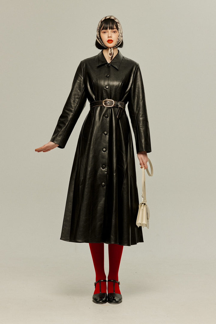 [I started seeing hallucinations] Faux leather long dress coat-Black