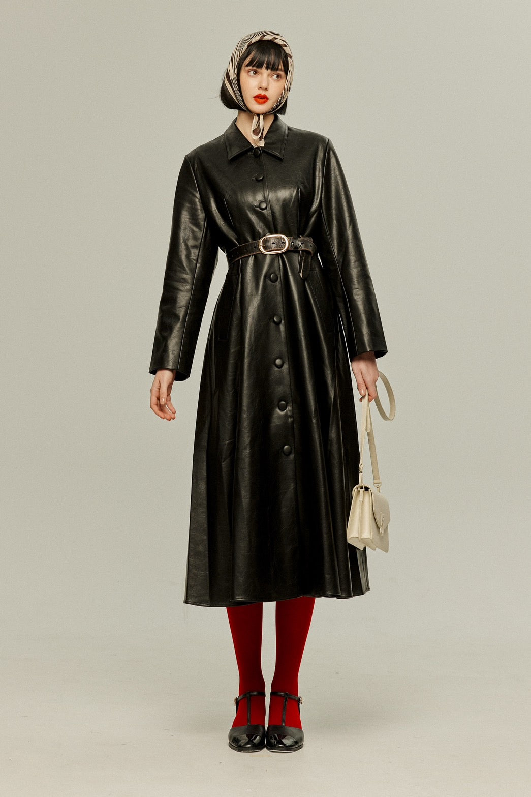 [I started seeing hallucinations] Faux leather long dress coat-Black