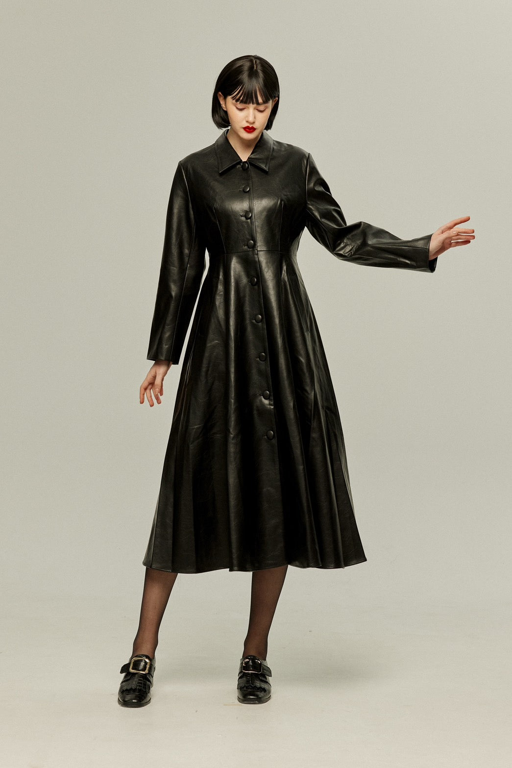 [I started seeing hallucinations] Faux leather long dress coat-Black