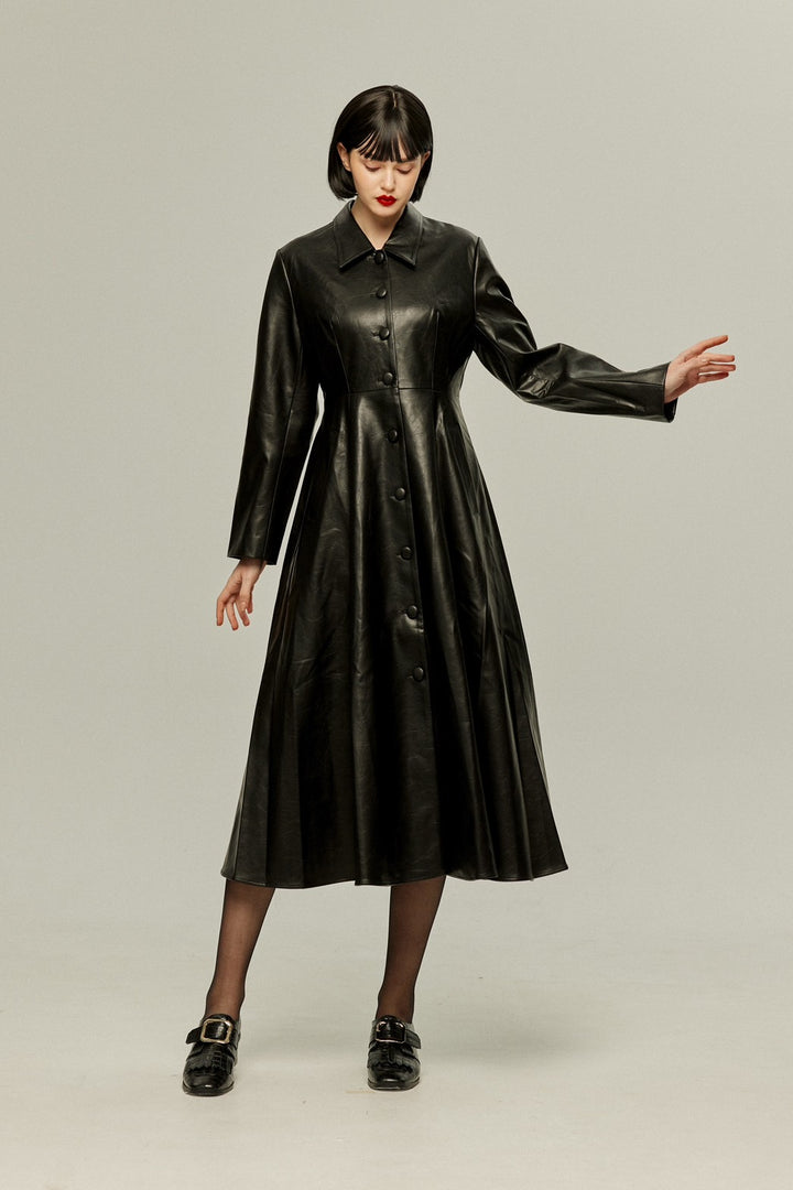 [I started seeing hallucinations] Faux leather long dress coat-Black