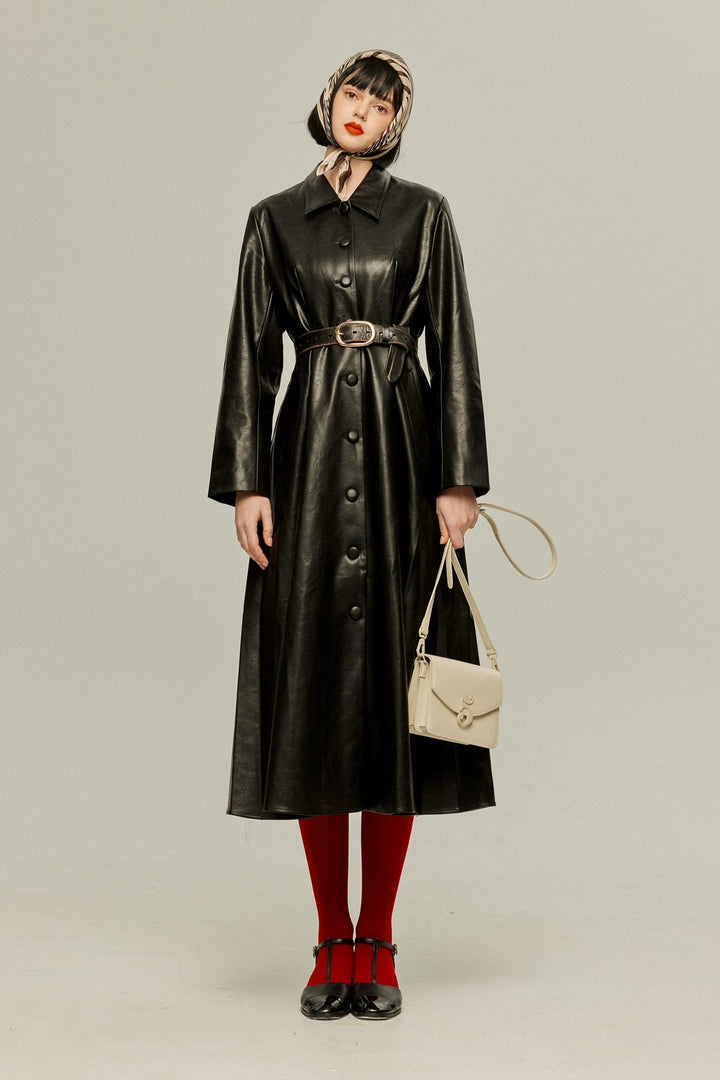 [I started seeing hallucinations] Faux leather long dress coat-Black