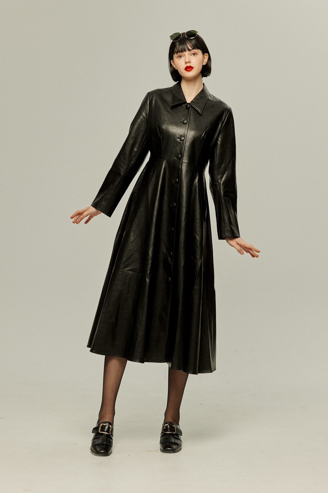 [I started seeing hallucinations] Faux leather long dress coat-Black