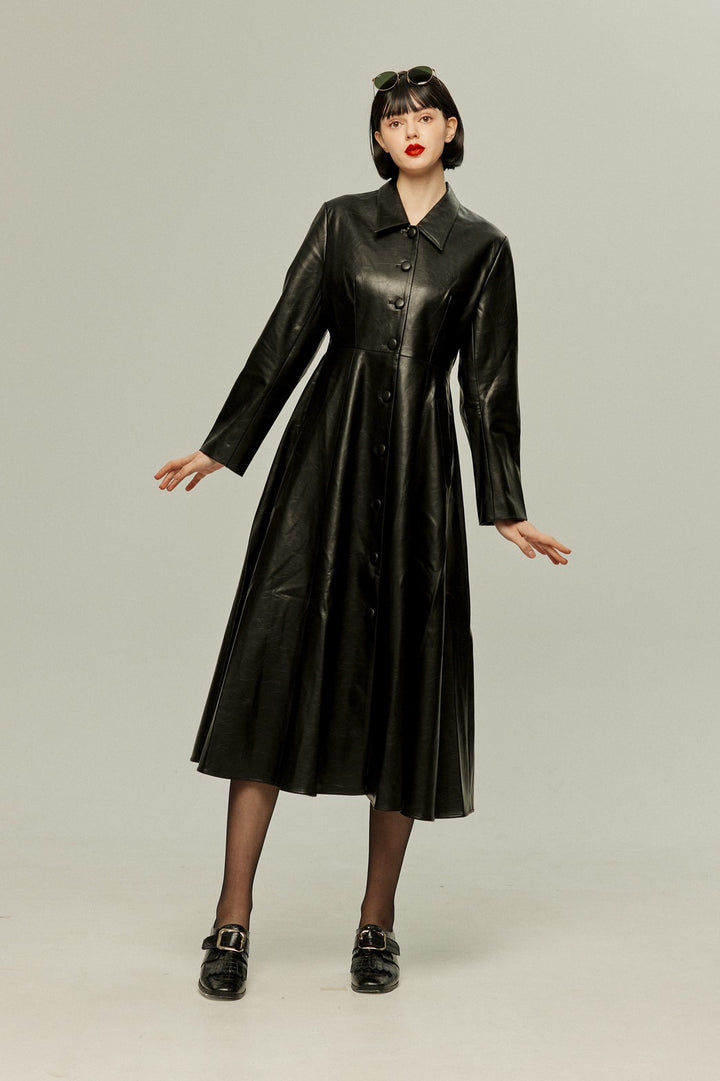 [I started seeing hallucinations] Faux leather long dress coat-Black