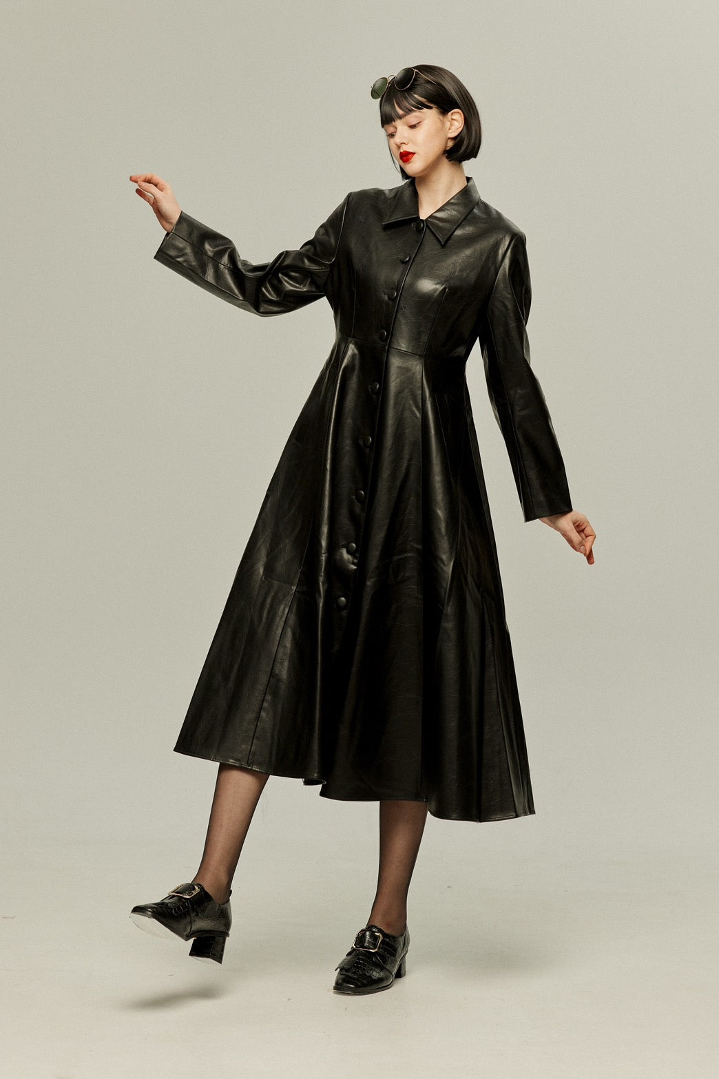 [I started seeing hallucinations] Faux leather long dress coat-Black