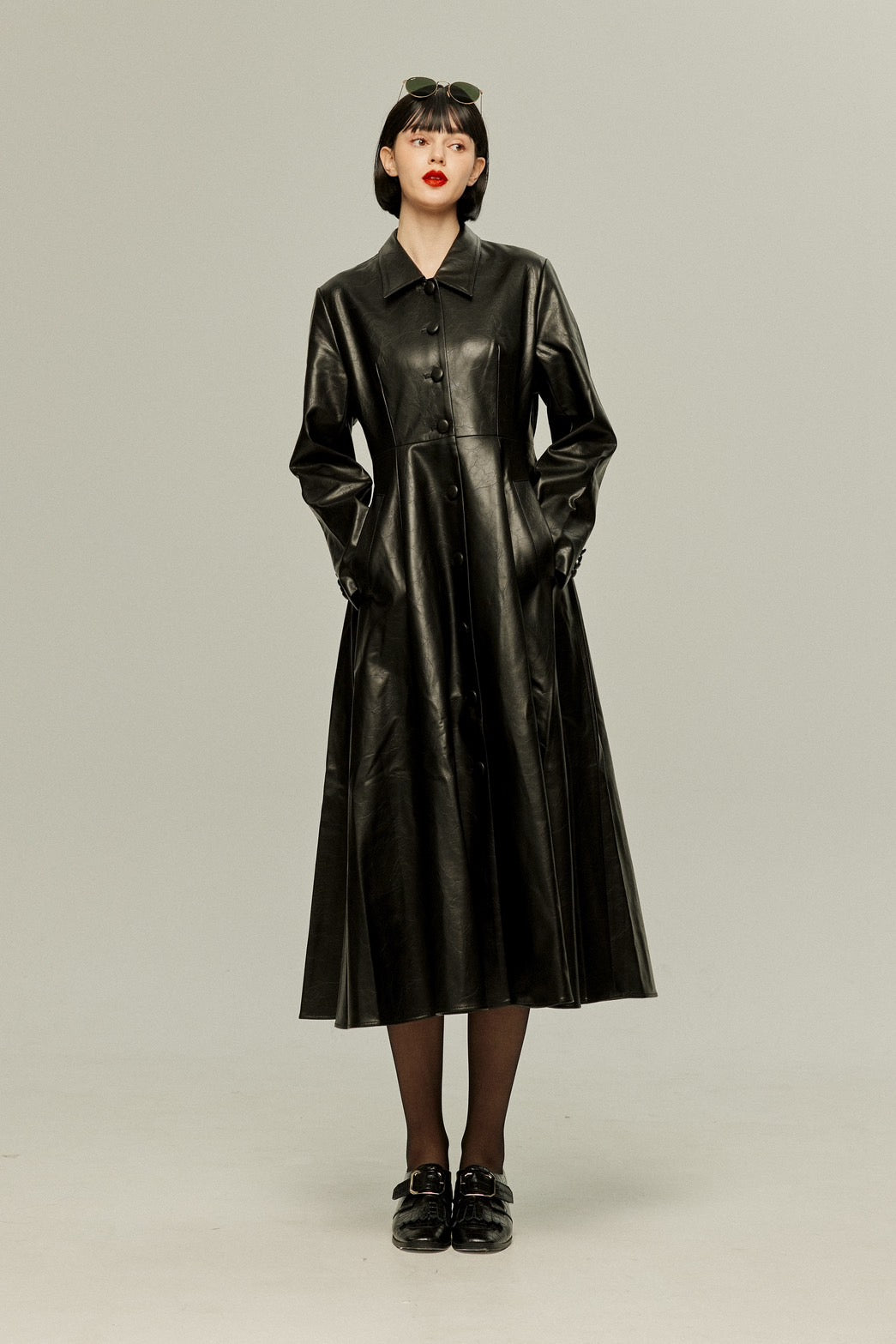 [I started seeing hallucinations] Faux leather long dress coat-Black
