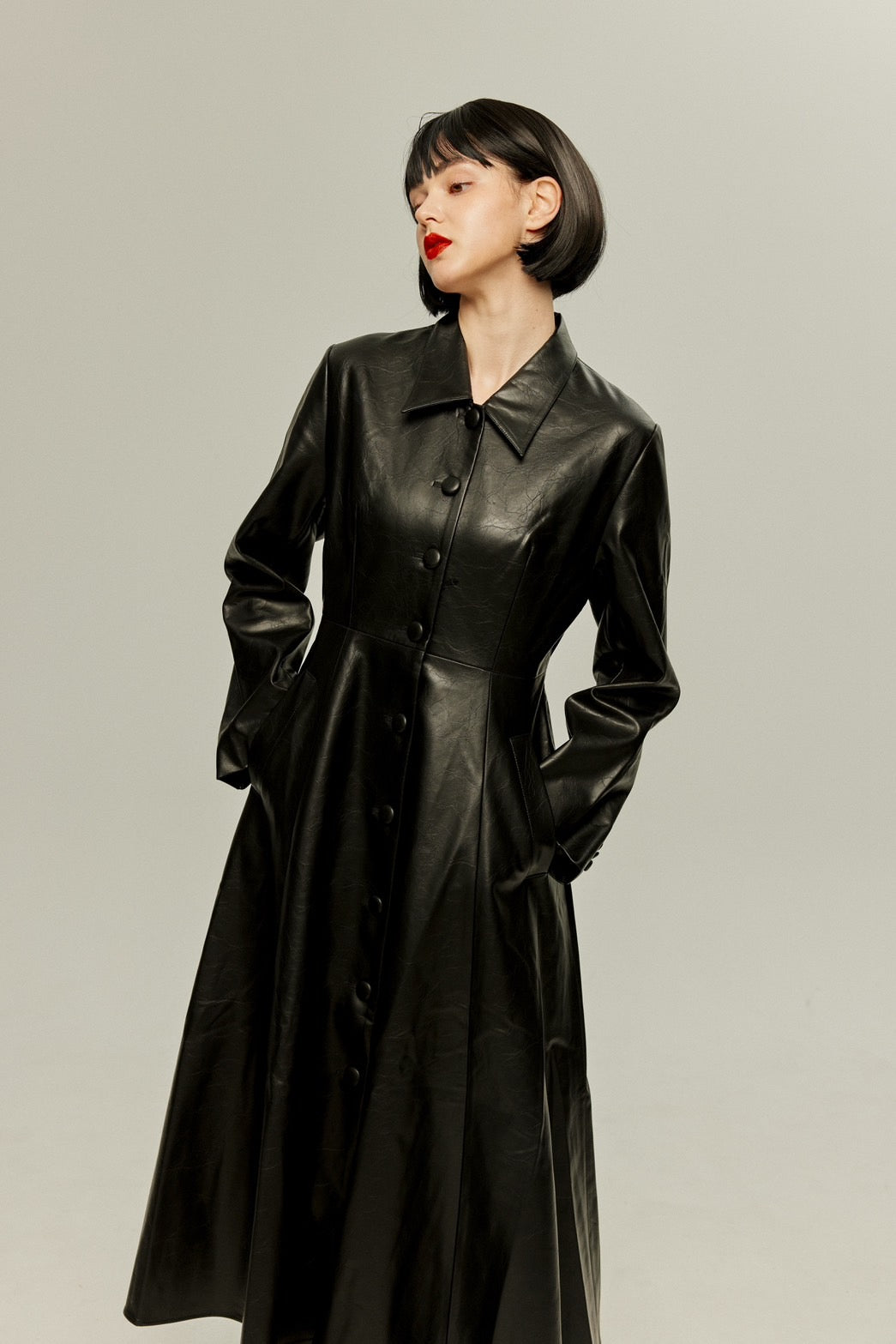 [I started seeing hallucinations] Faux leather long dress coat-Black