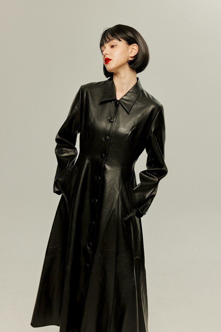 [I started seeing hallucinations] Faux leather long dress coat-Black