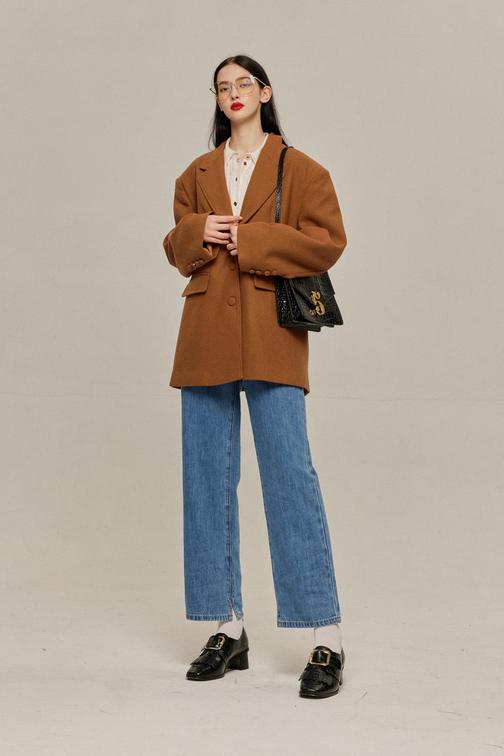 《隕石が落ちてくる》ハイウエストストレートデニムパンツ-Blue