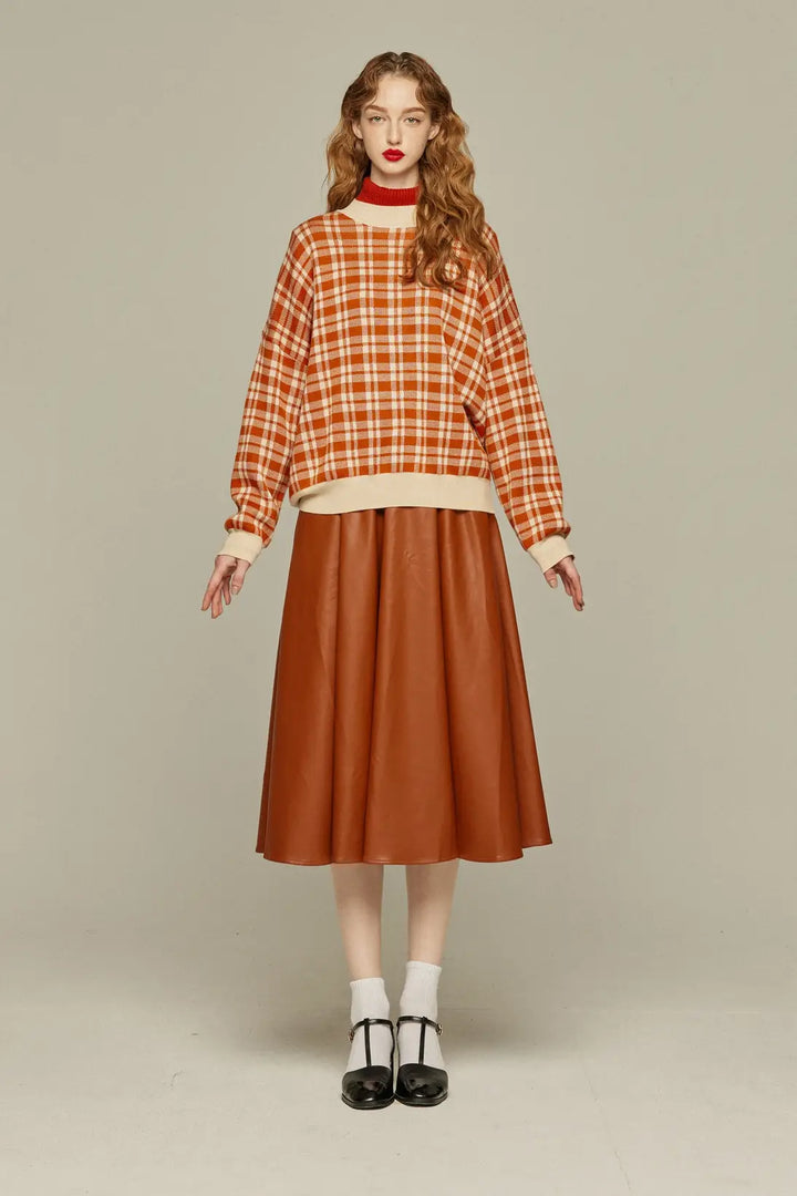 《いちごジャムがついちゃった》レトロチェックセーター-Orange red