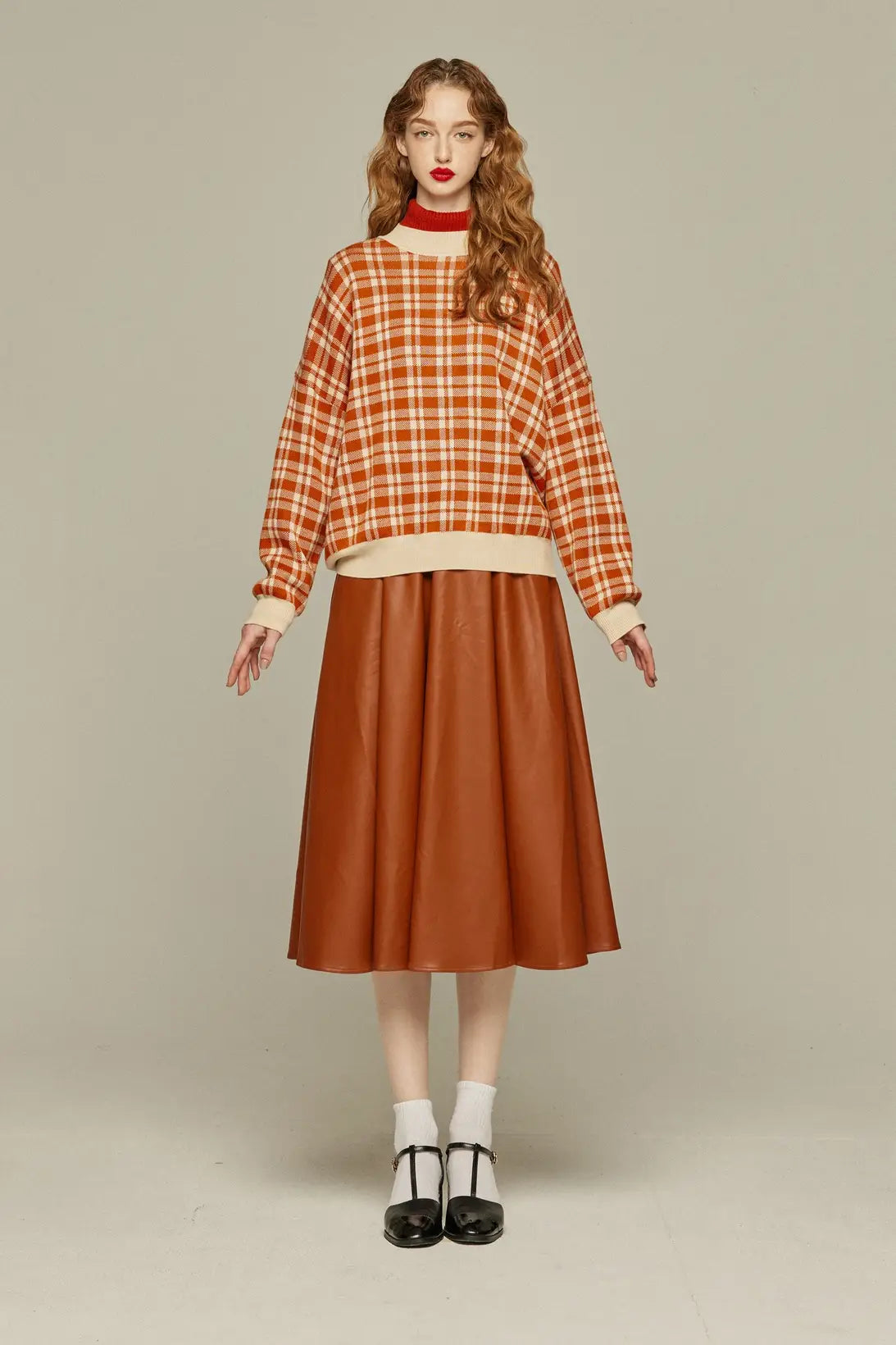 《いちごジャムがついちゃった》レトロチェックセーター-Orange red