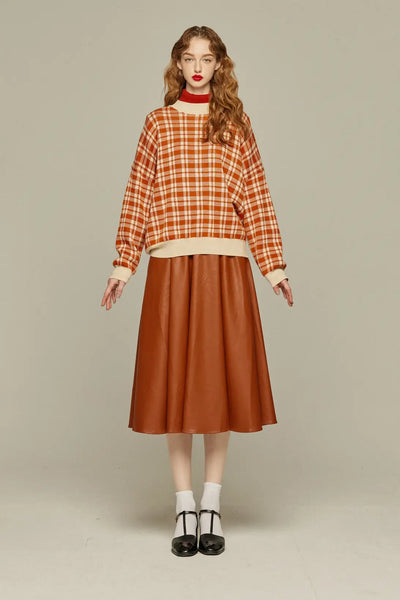 《いちごジャムがついちゃった》レトロチェックセーター-Orange red