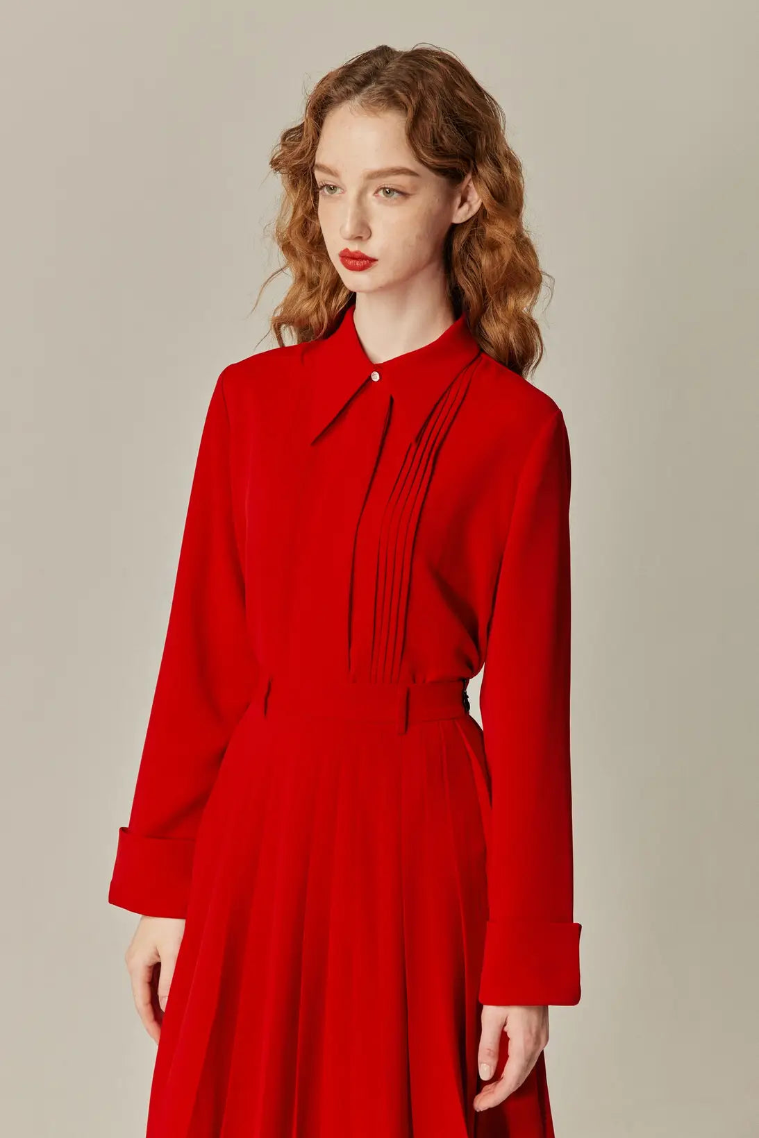 《フランス語は話せますか？》ハイウエストプリーツスカート-Red