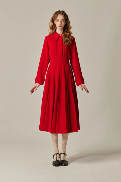《フランス語は話せますか？》ハイウエストプリーツスカート-Red