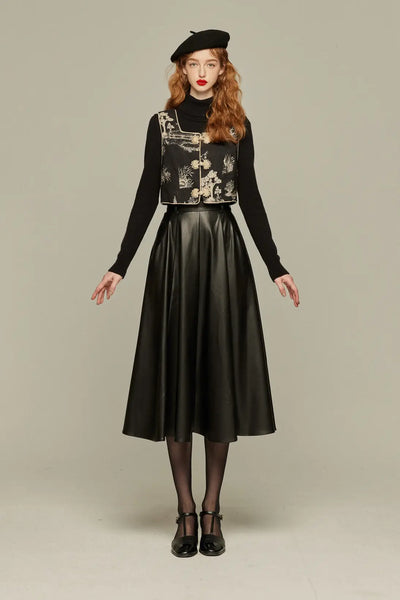 《10日に一度は髪を切る》フェイクレザーハイウエストフレアスカート-Black