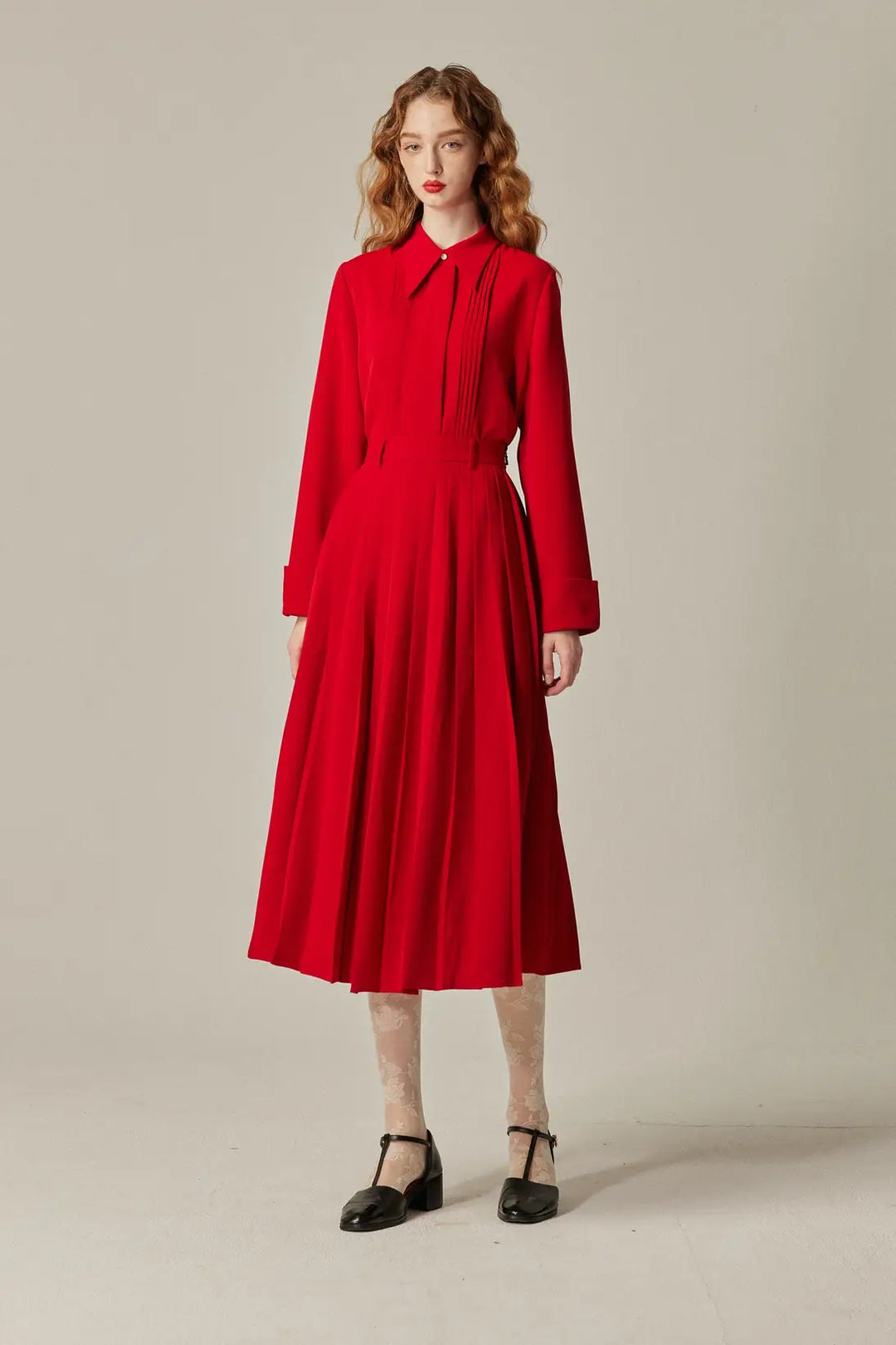 《フランス語は話せますか？》ハイウエストプリーツスカート-Red