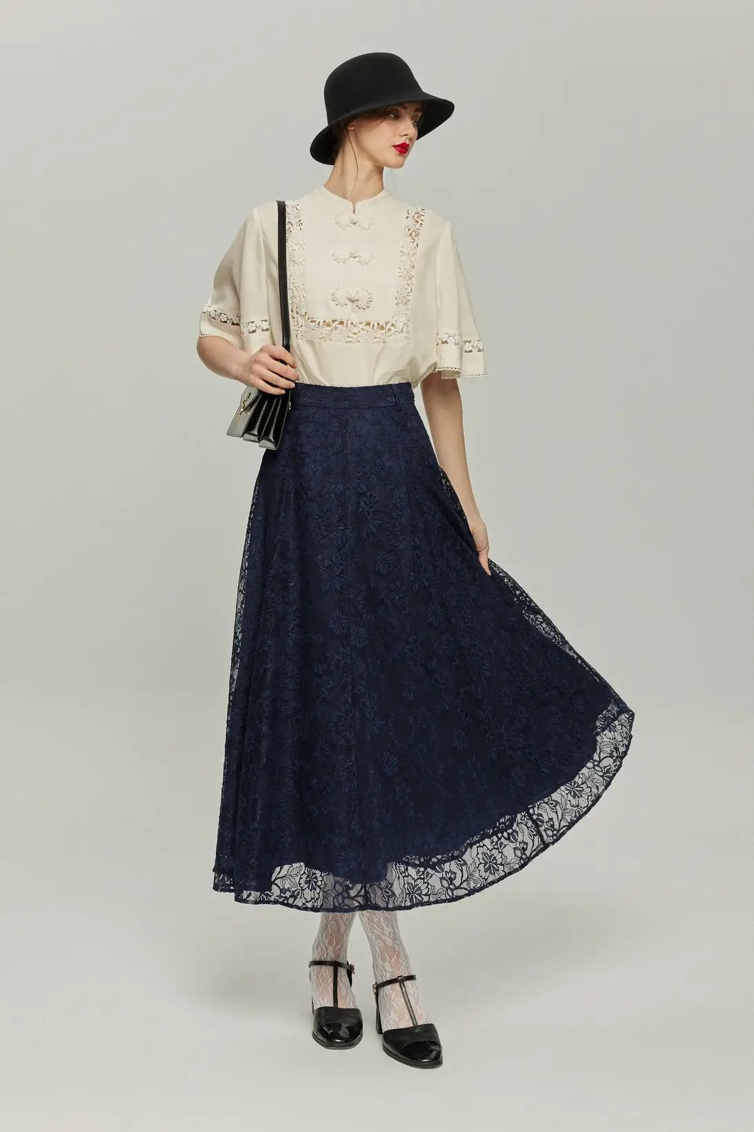 《100年も前からある》ハイウエストフレアレーススカート-Navy