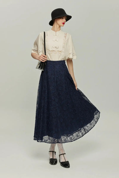 《100年も前からある》ハイウエストフレアレーススカート-Navy