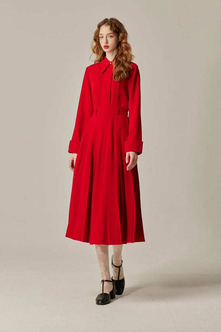 《フランス語は話せますか？》ハイウエストプリーツスカート-Red