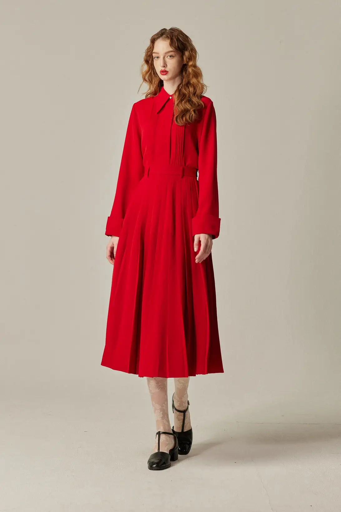 《フランス語は話せますか？》ハイウエストプリーツスカート-Red