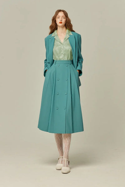 《羊にまつ毛はあったっけ？》ダブルブレストプリーツスカート-Blue