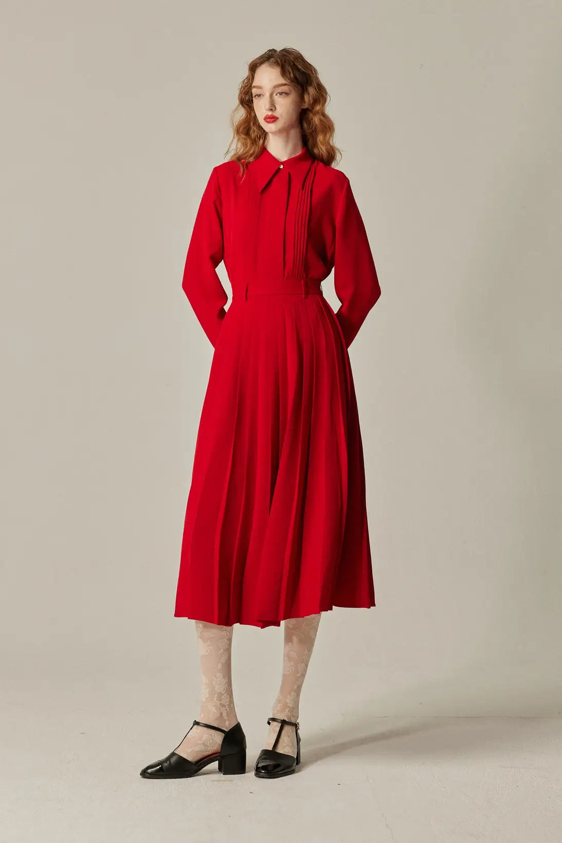 《フランス語は話せますか？》ハイウエストプリーツスカート-Red