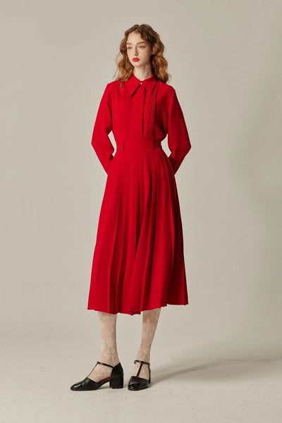 《フランス語は話せますか？》ハイウエストプリーツスカート-Red