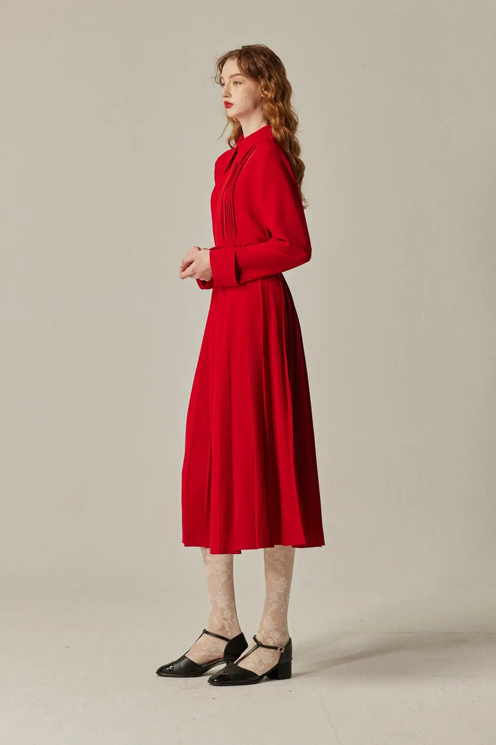 《フランス語は話せますか？》ハイウエストプリーツスカート-Red