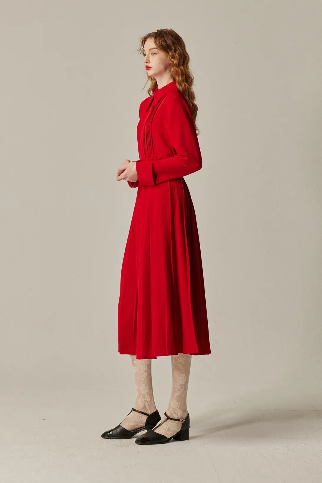 《フランス語は話せますか？》ハイウエストプリーツスカート-Red