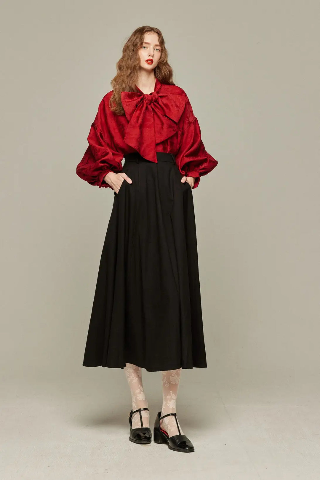 《スーベニアショップに寄ろう》バルーンスリーブリボントップス-Red
