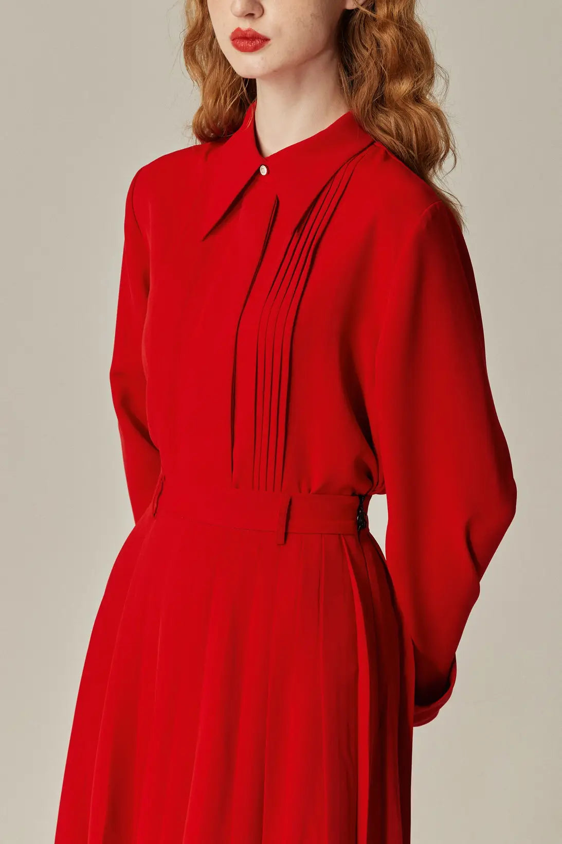《フランス語は話せますか？》ハイウエストプリーツスカート-Red