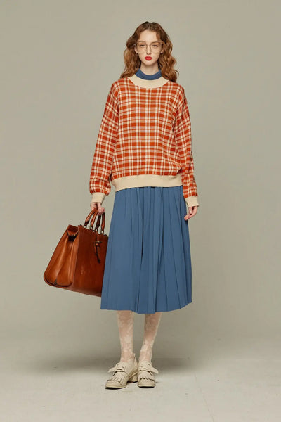 《いちごジャムがついちゃった》レトロチェックセーター-Orange red