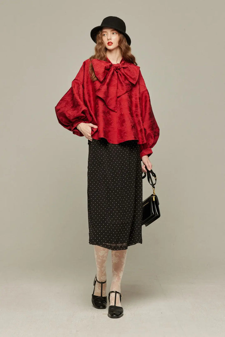 《スーベニアショップに寄ろう》バルーンスリーブリボントップス-Red
