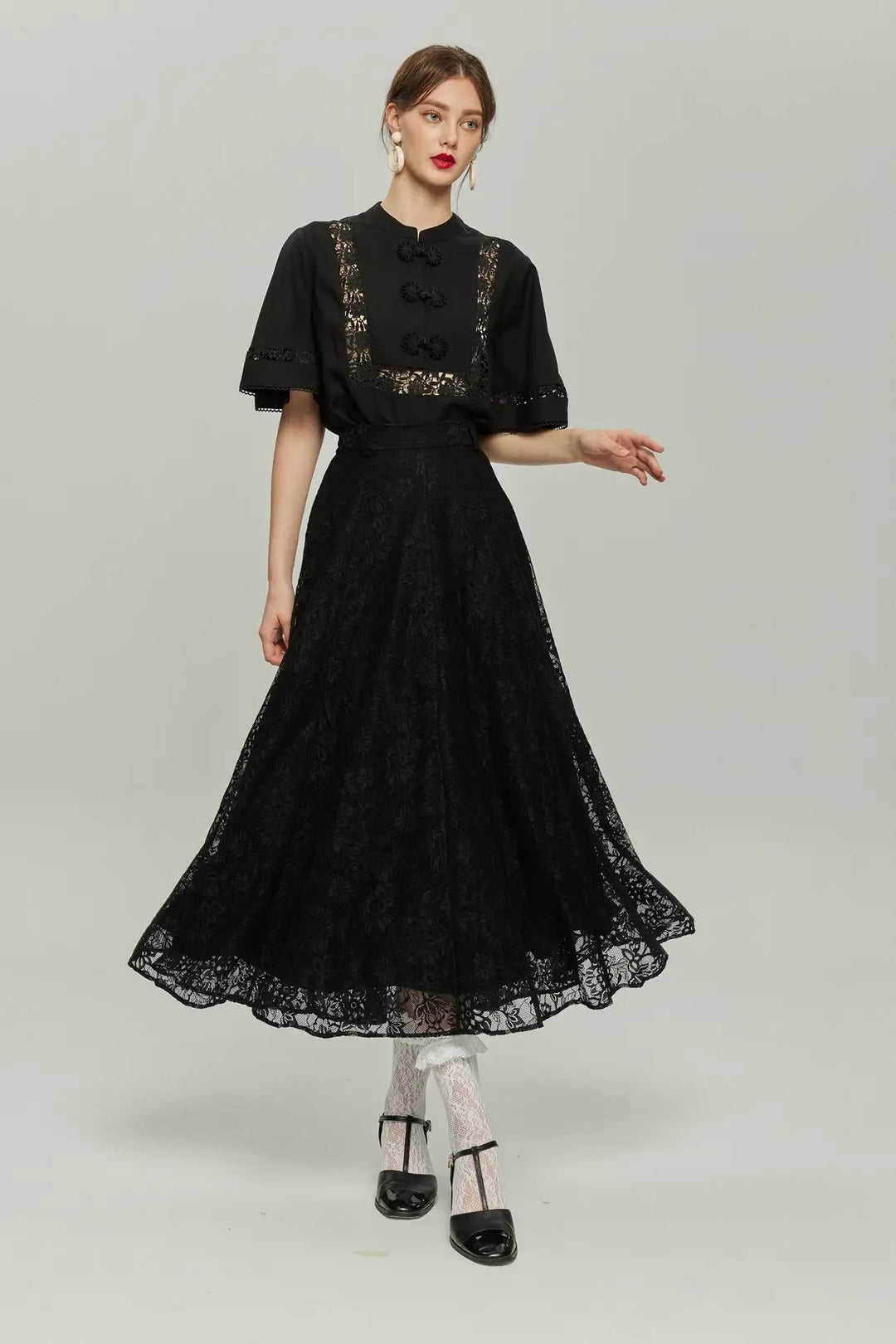 《不老不死の薬をください》チャイナバックルフレアスリーブトップス-Black