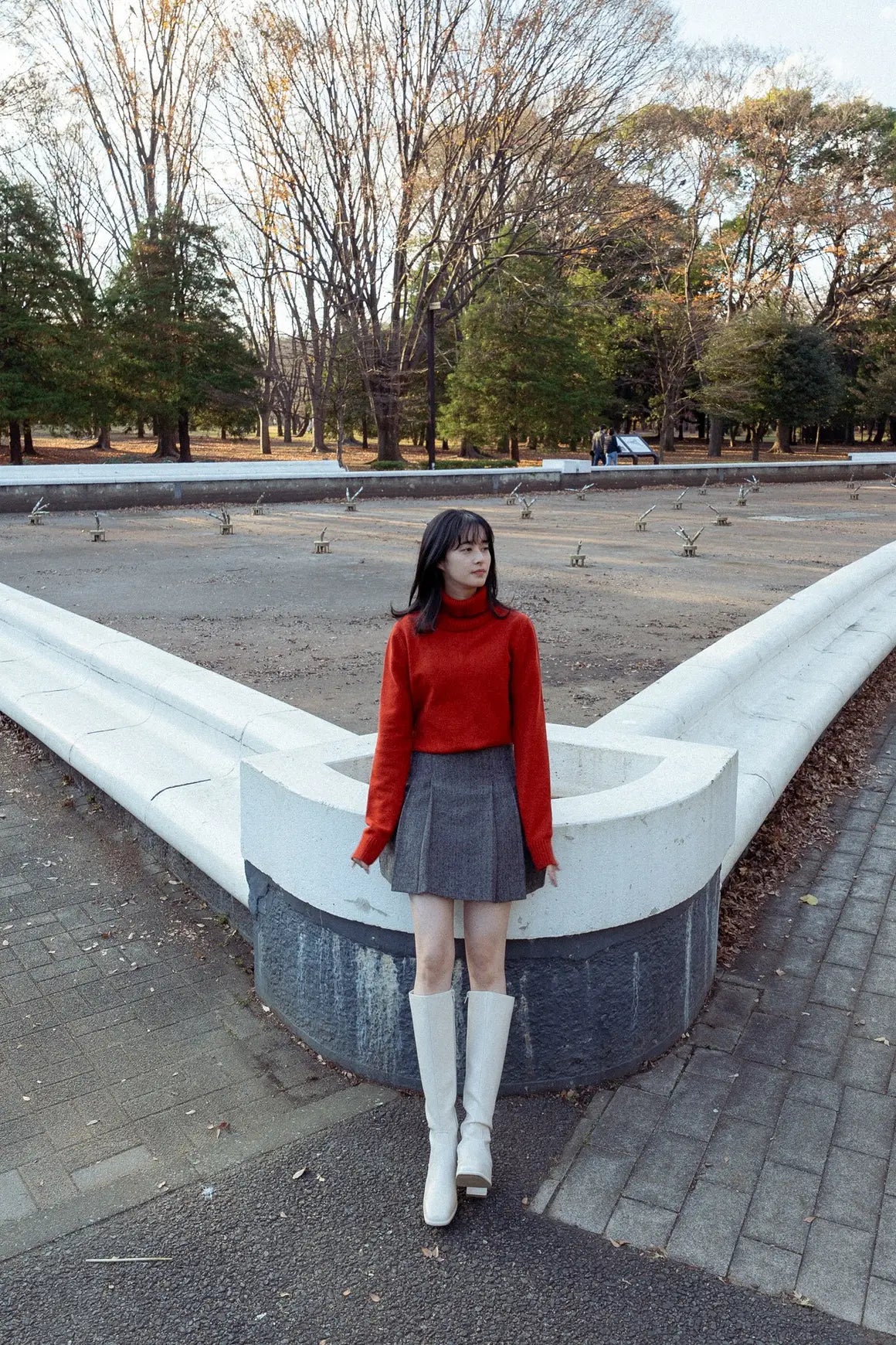 《袋いっぱい松ぼっくりを拾った》フロントプリーツハイウエストスカート-Gray