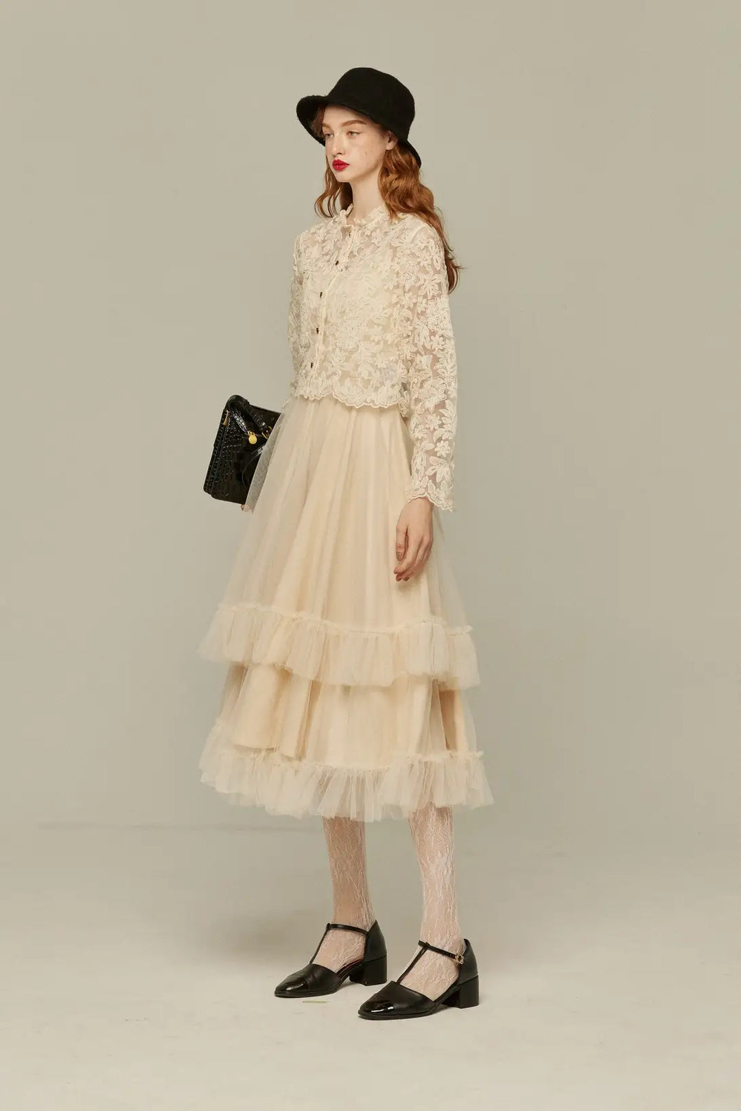 《実は私300歳》チュールフリルハイウエストフレアスカート-Cream