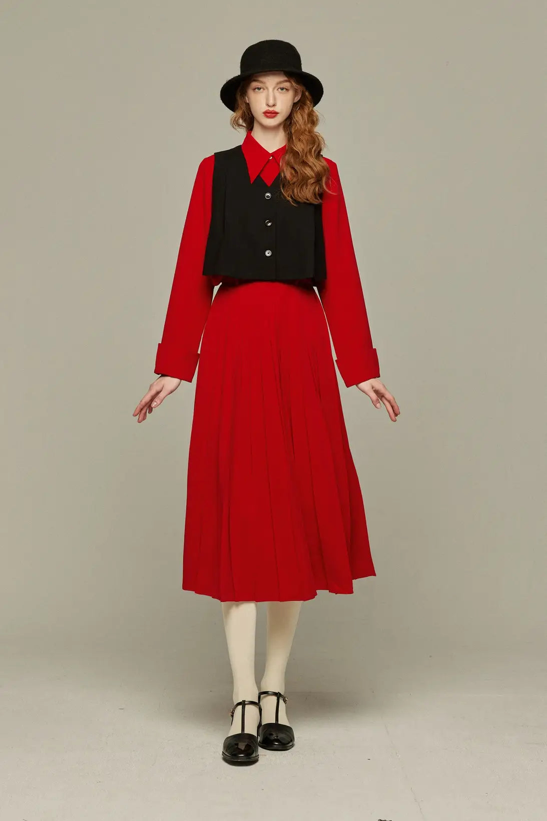 《フランス語は話せますか？》ハイウエストプリーツスカート-Red