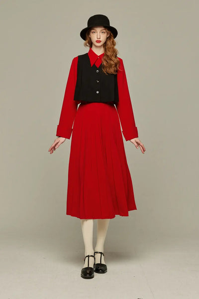 《フランス語は話せますか？》ハイウエストプリーツスカート-Red