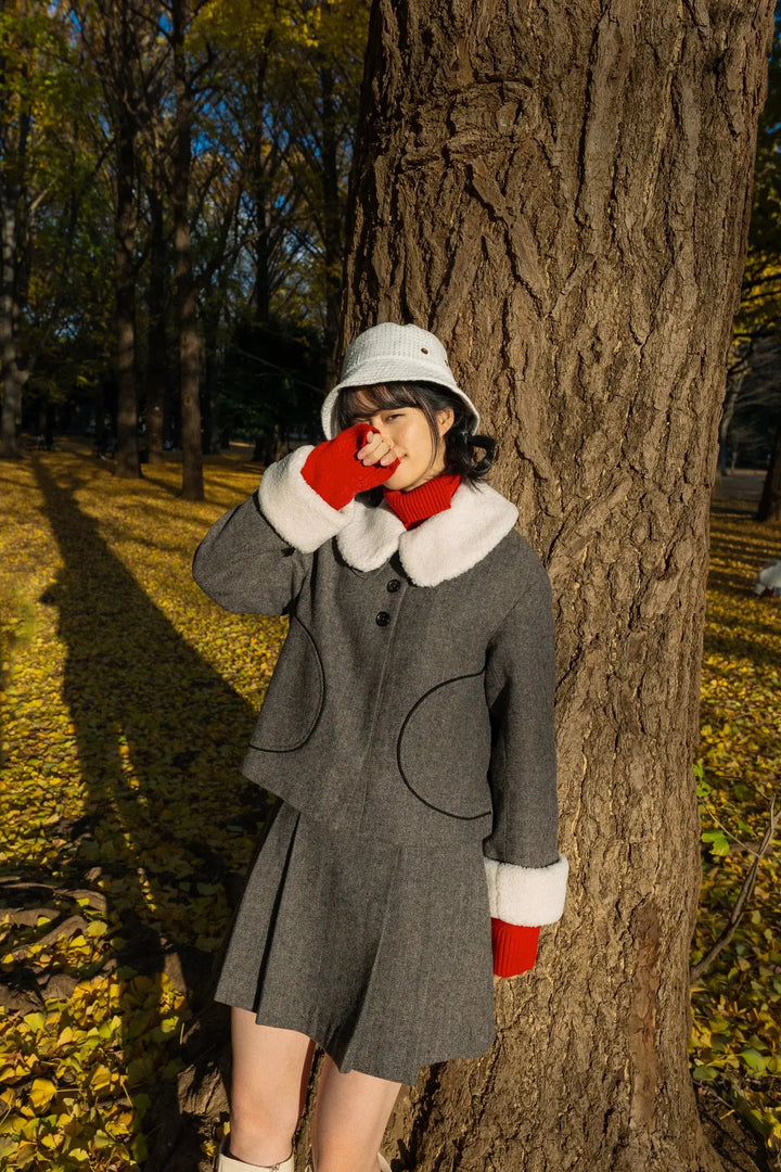 《袋いっぱい松ぼっくりを拾った》フロントプリーツハイウエストスカート-Gray