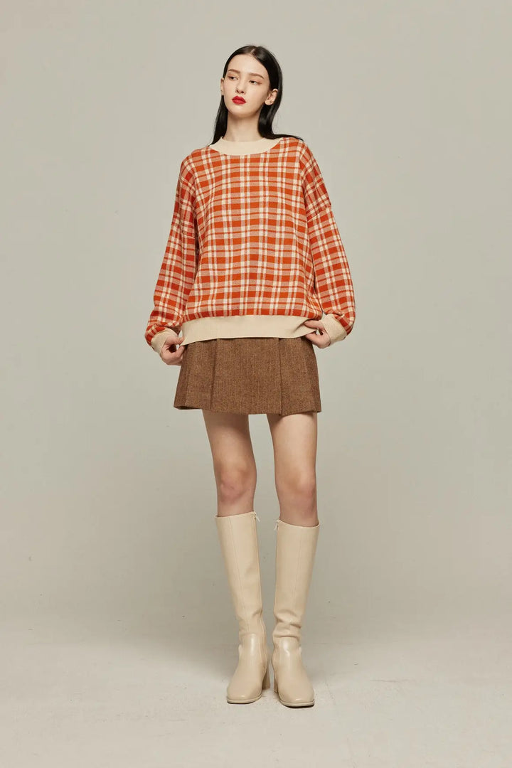 《いちごジャムがついちゃった》レトロチェックセーター-Orange red