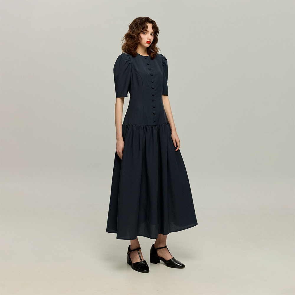 《お耳が長い動物って？》ハイウエストデザインドレス-Navy