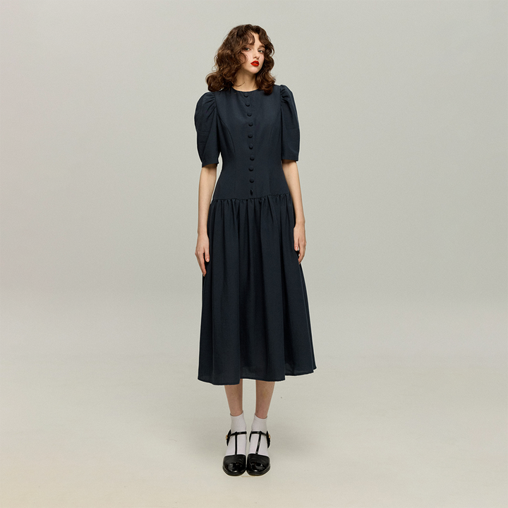 《お耳が長い動物って？》ハイウエストデザインドレス-Navy