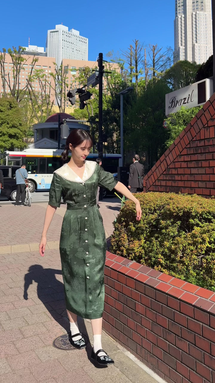 《一籠の包子は何個？》レーストリムジャガードワンピース-Green