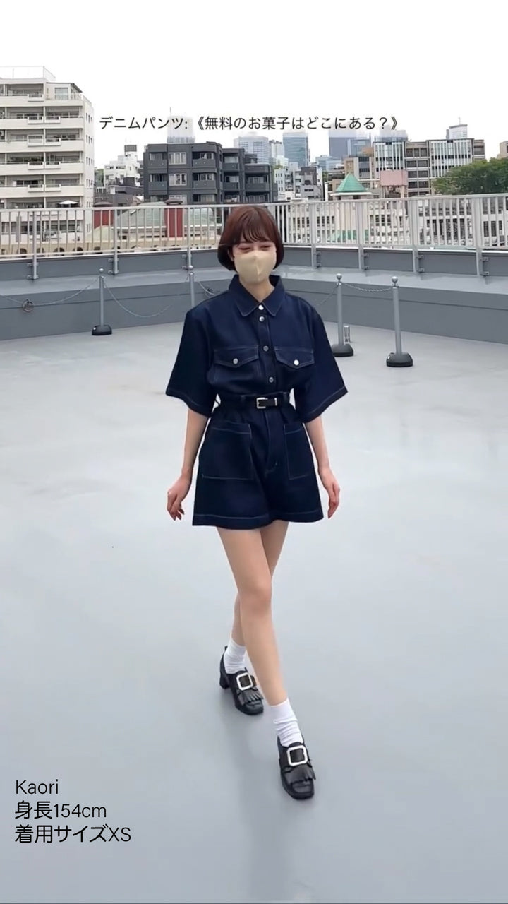 《無料のお菓子はどこにある？》ハイウエストショートデニムパンツ-Navy